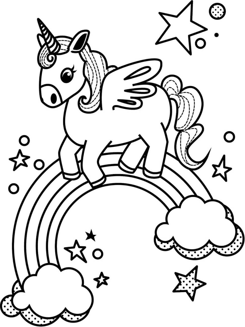 Unicorn on rainbow with stars coloring page