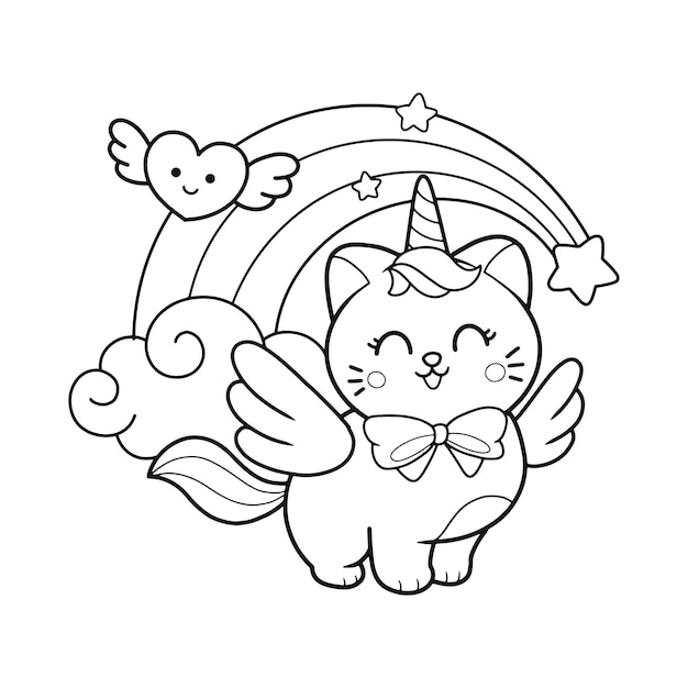 Premium vector cute cat unicorn and stars rainbow hand drawn coloring page