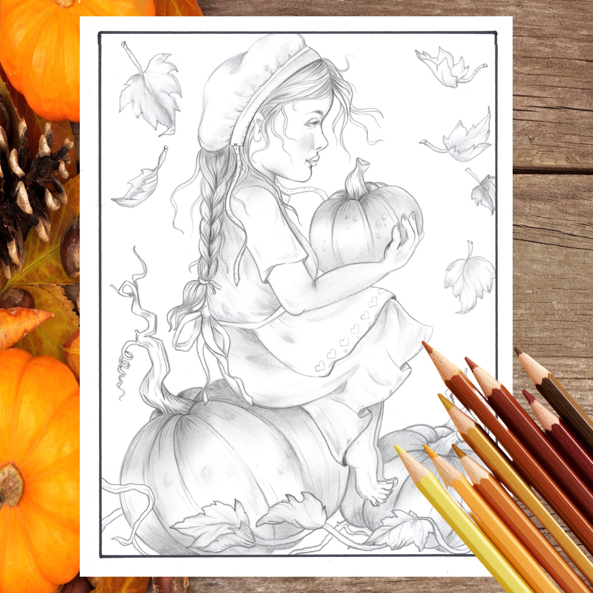 Pilgrim girl in the pumpkin patch thanksgiving adult greyscale coloring page instant download fall coloring page