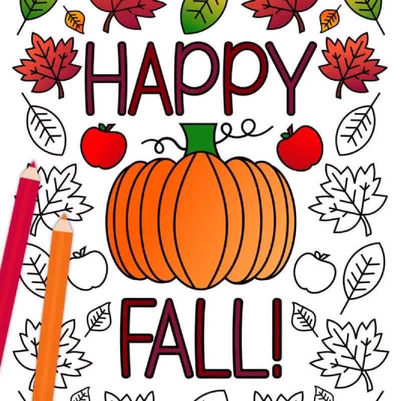 Happy fall coloring page adult coloring page for fall fall leaves and pumpkin autumn coloring sheets pdf instant download