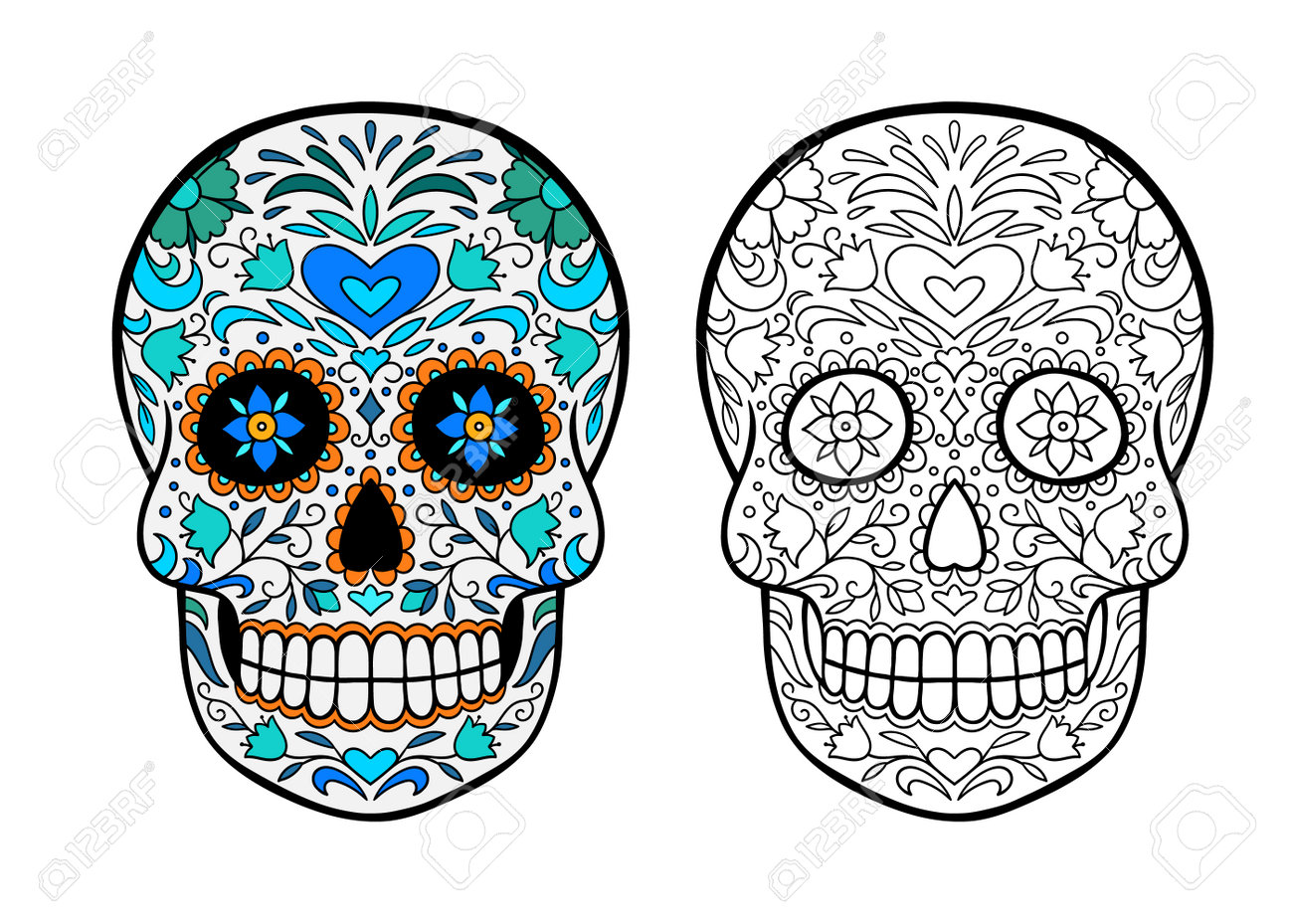 Sugar skull coloring page mexican holiday day of the dead royalty free svg cliparts vectors and stock illustration image