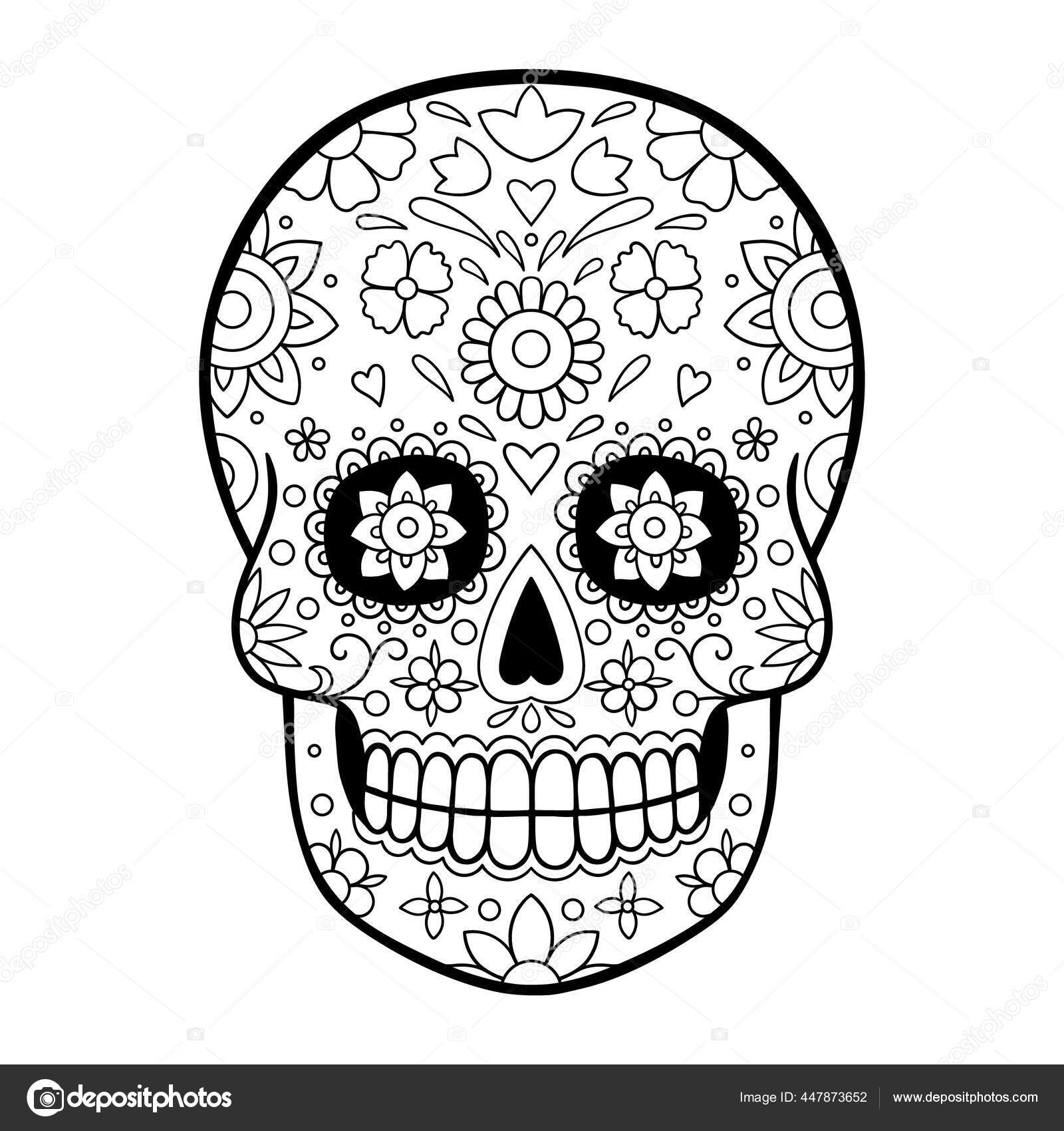 Sugar skull coloring page day dead sugar skull floral ornament stock vector by inshna