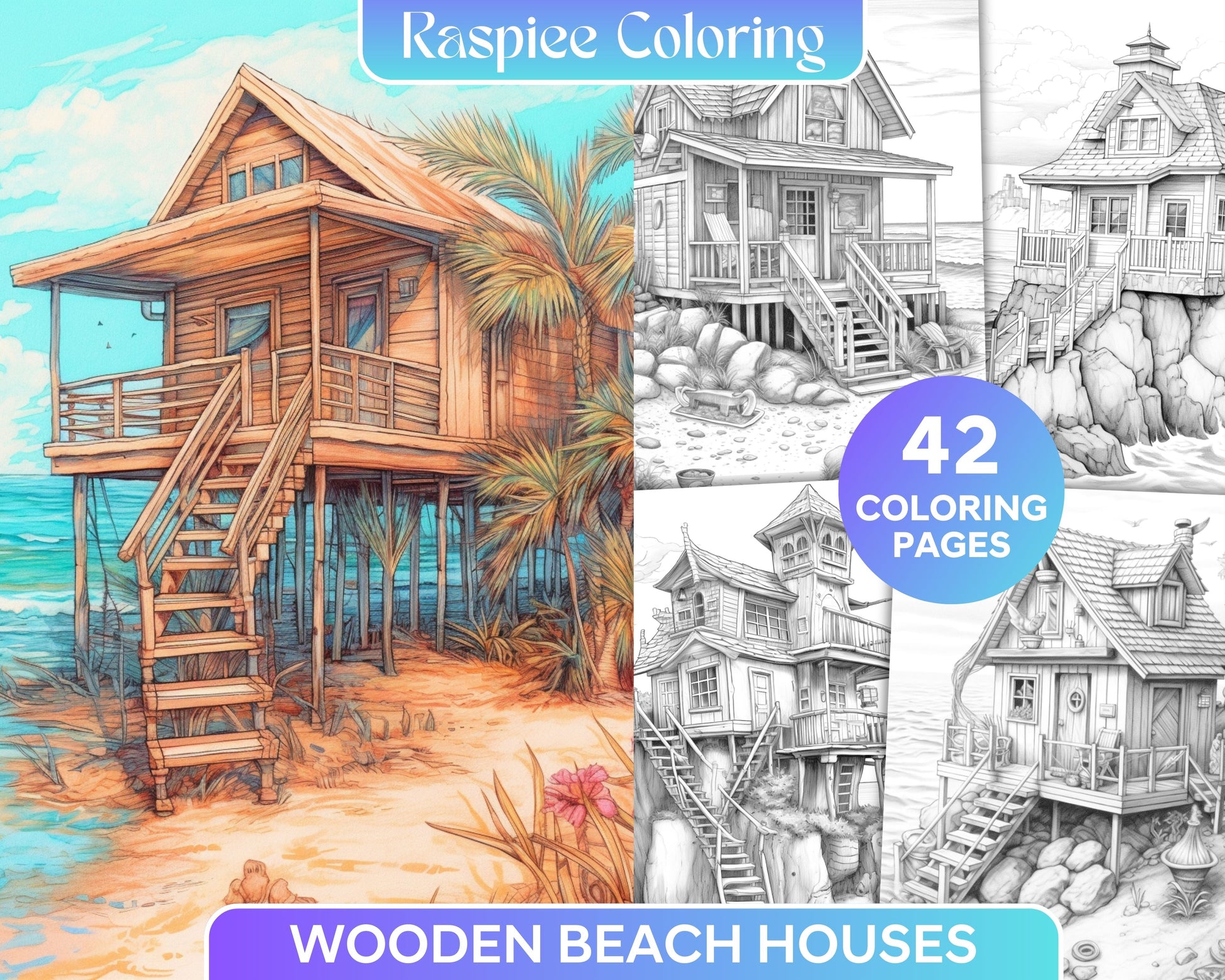 Casas de playa de madera en escala de grises para colorear pãginas â coloring