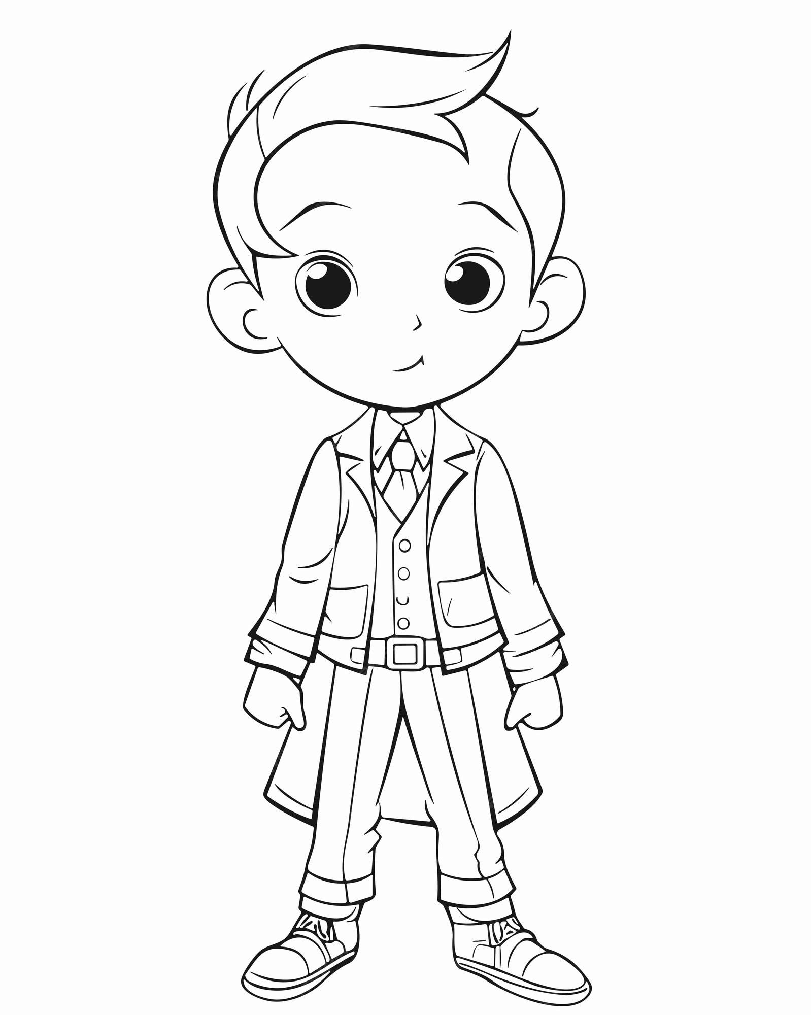 Dibujo de un nião de dibujos animados con traje y corbata para colorear vector premium