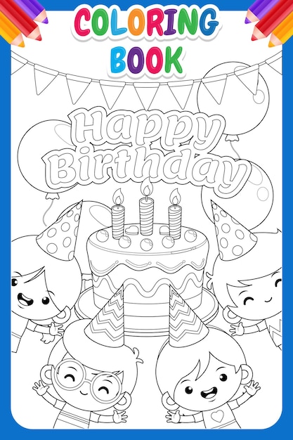 Premium vector coloring book for kids four children happy birthday