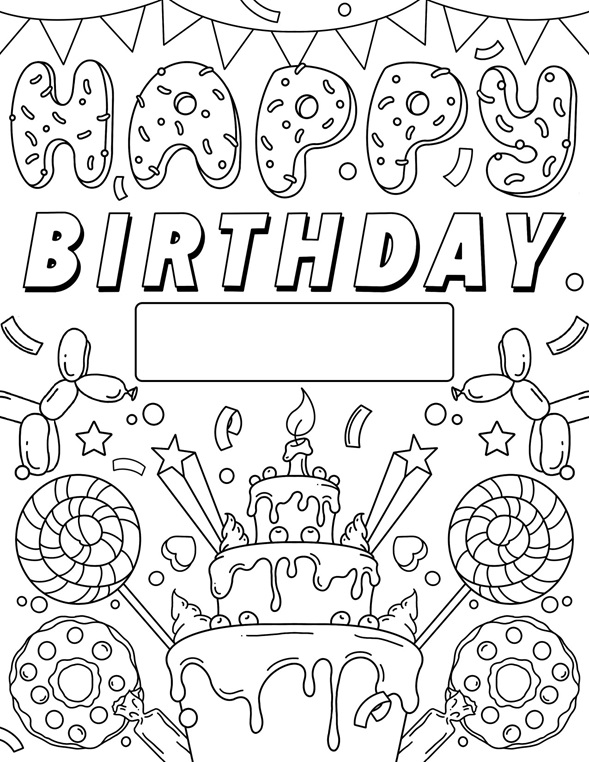 Color our free happy birthday coloring page thats also a free printable birthday sigâ happy birthday coloring pages birthday coloring pages free coloring pages