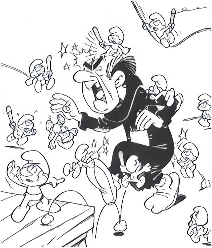 Gargamel and smurfs coloring page