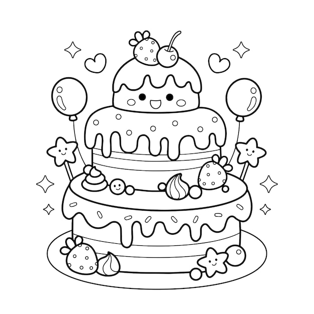 Premium vector cute kawaii birthday cake printable coloring page