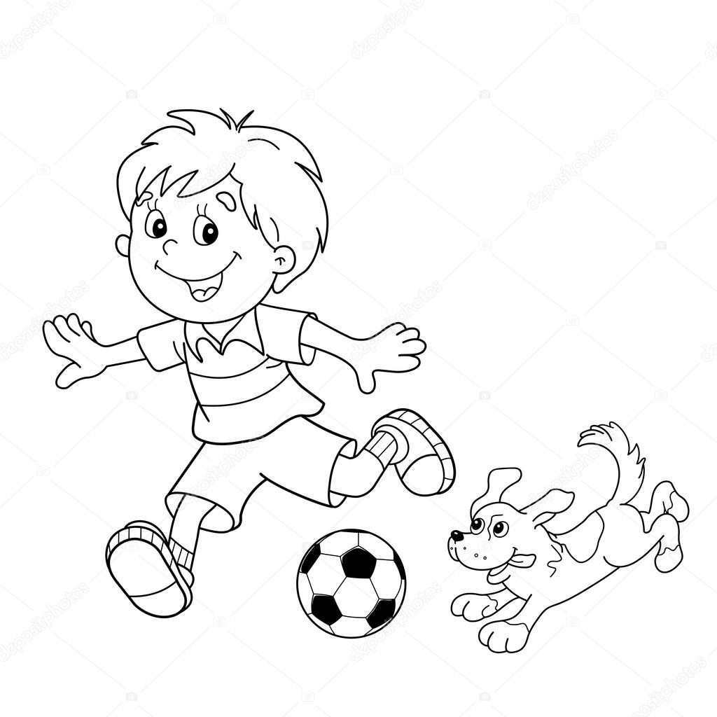 Pãgina para colorear esquema de nião de dibujos animados con pelota de fãºtbol con perro vector de stock por oleon