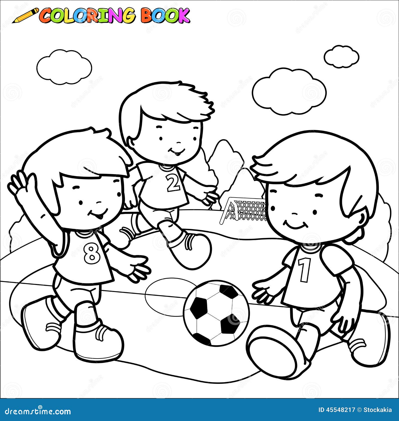 Children playing soccer vector black and white coloring page stock vector