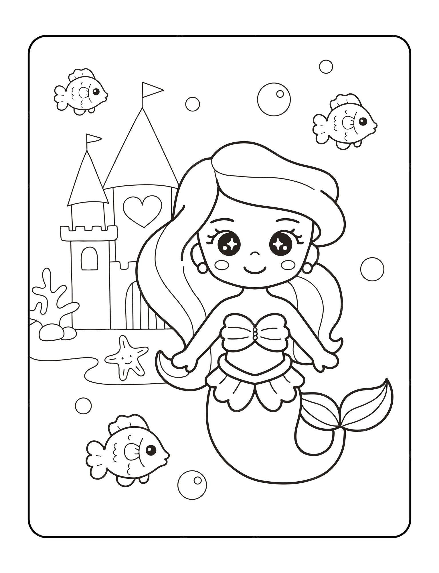 Premium vector little mermaid hand drawing printable coloring page