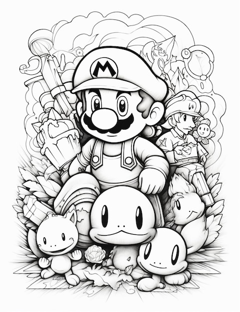 Un dibujo de mario y sus amigos con una ai generativa de hongos foto premium