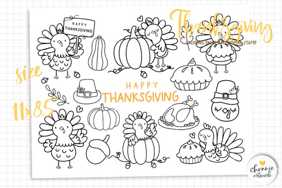 Happy thanksgiving with cute turkey coloring pages thanksgiving digital stamps thanksgiving svg thanksgiving clipart