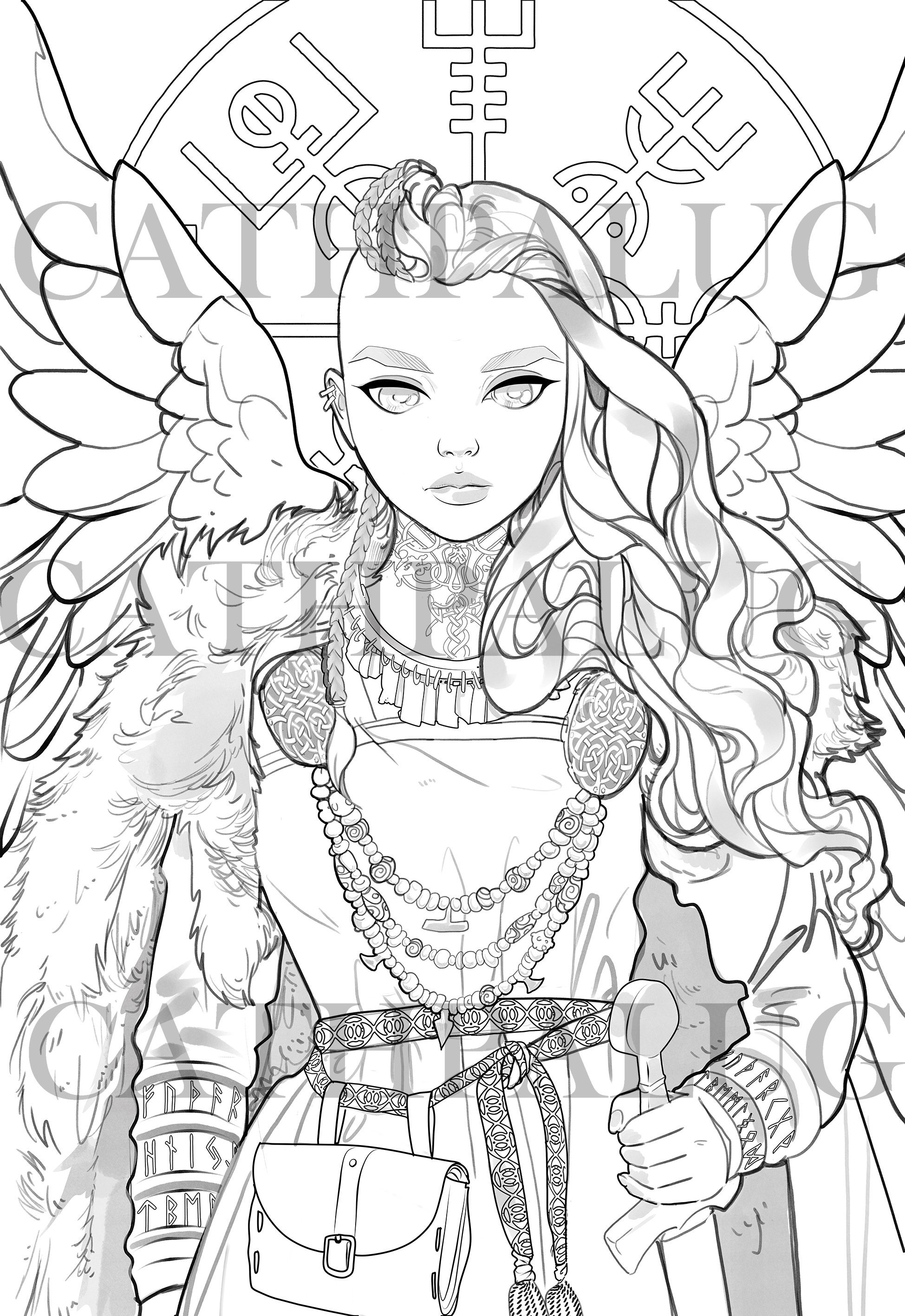 Digital stamp frigg freya goddess norse mythology queen coloring book line art valkyrie adult coloring page instant download