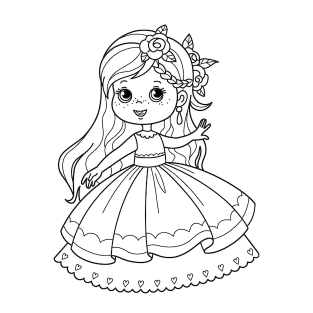 Premium vector cartoon character cute little princess in a beautiful dress coloring page for children vector black