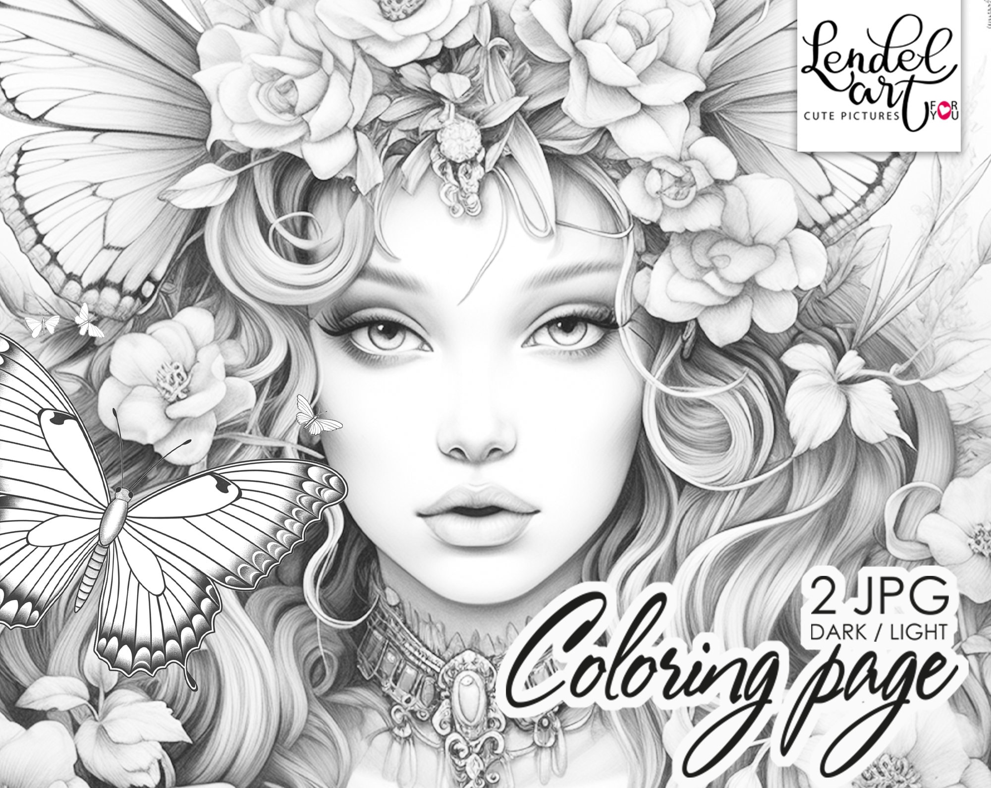 Beauty fairy coloring page for adults beautiful girl grayscale coloring page girl portrait instant download jpeg