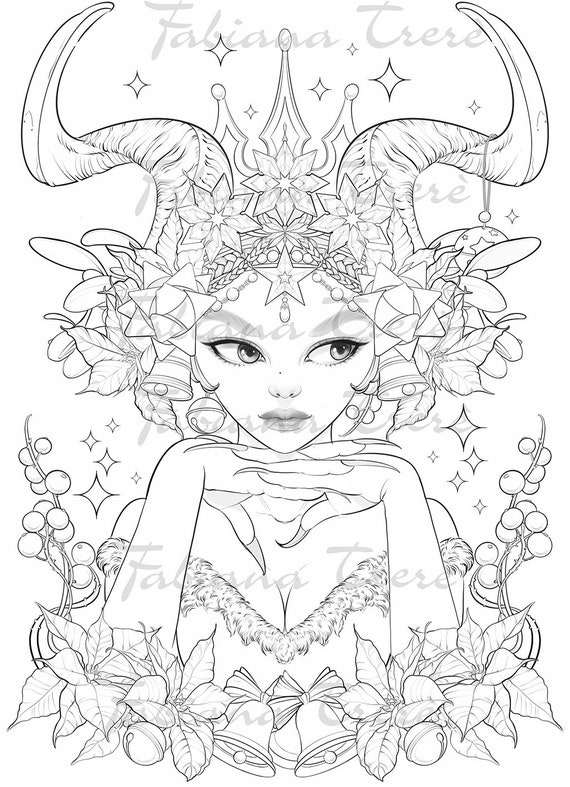 Krampus princess fantasy christmas coloring page grayscale line art digital stamp instant download coloring page for adults