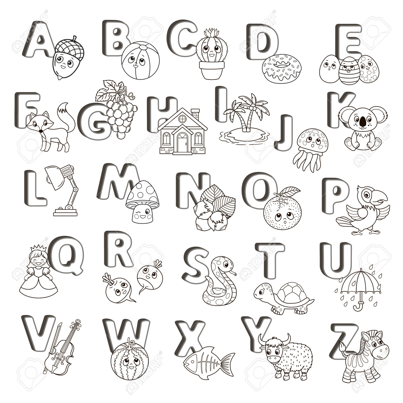 Vector coloring book alphabet with capital letters of the english and cute cartoon animals and things coloring page for kindergarten and preschool cards for learning english royalty free svg cliparts vectors and