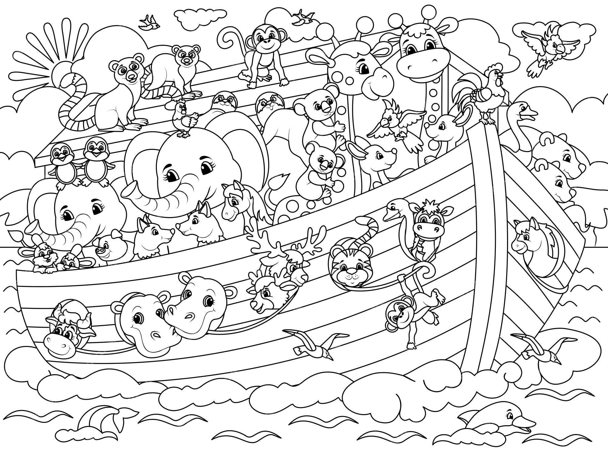 Premium vector christian bible story of noah s ark coloring book white background black lines