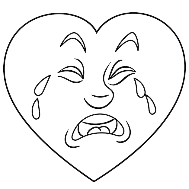 Premium vector cute cartoon heart with sad crying emoji face kids coloring page