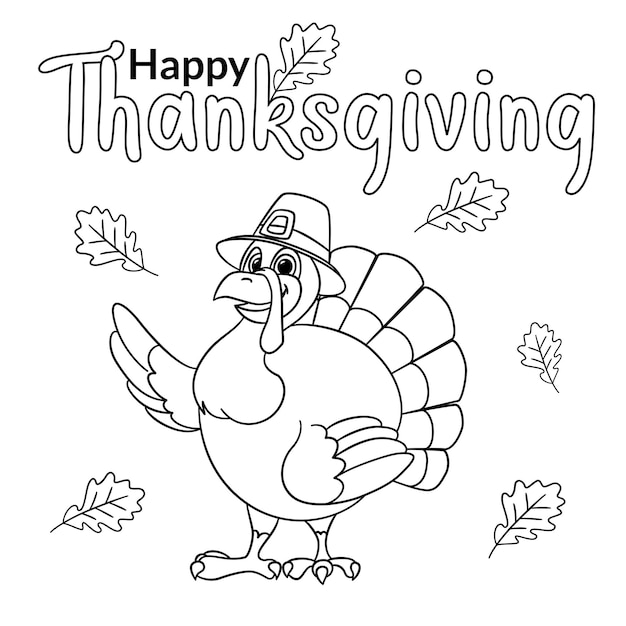 Premium vector cute cartoon turkey wearing a pilgrim hat wishes happy thanksgiving day outlined for coloring page on white background