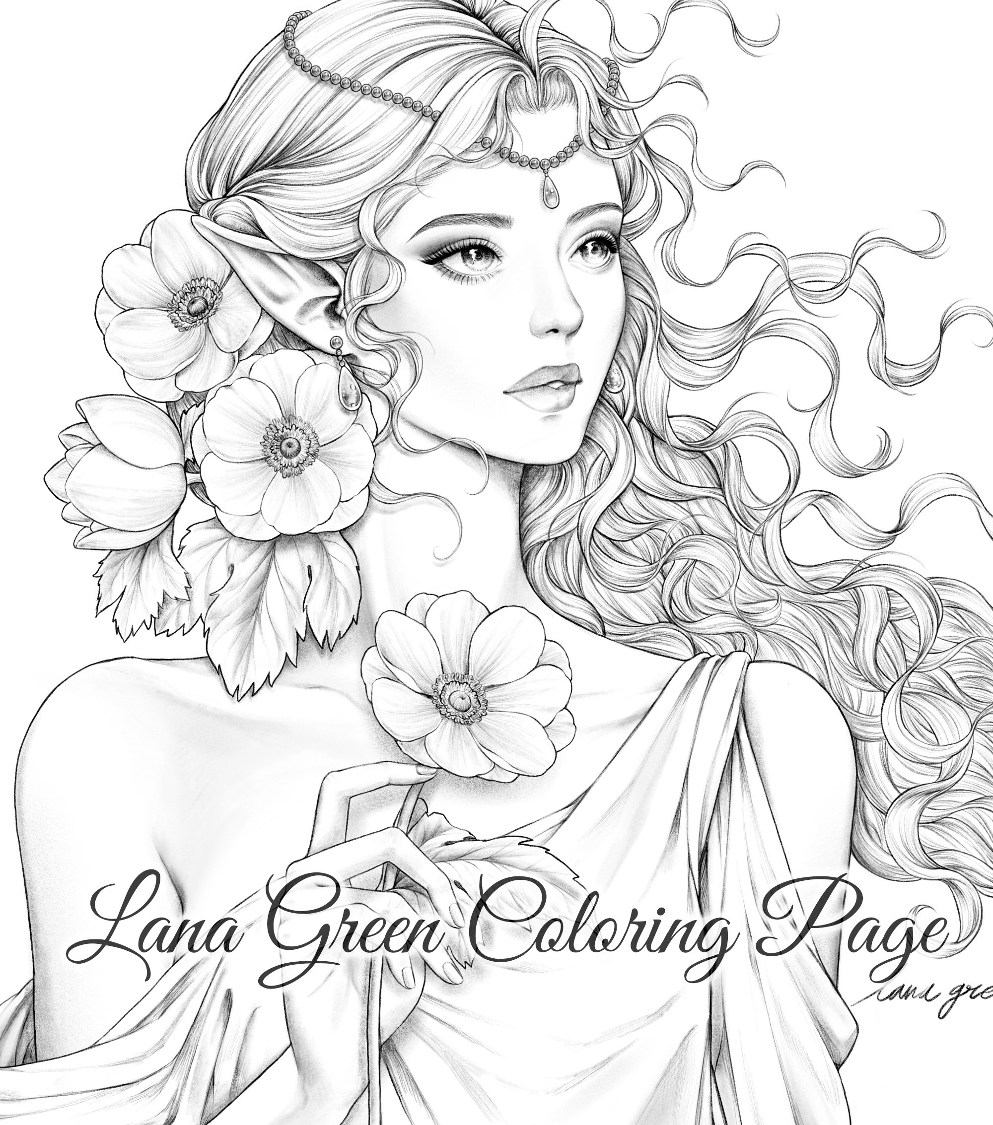 Anemone coloring page for adults grayscale coloring page instant download lana green art jpeg pdf