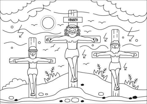Dibujo de la crucifixiãn de jesãºscristo en la cruz con los dos ladrones para colorear dibujos para colorear imprimir gratis