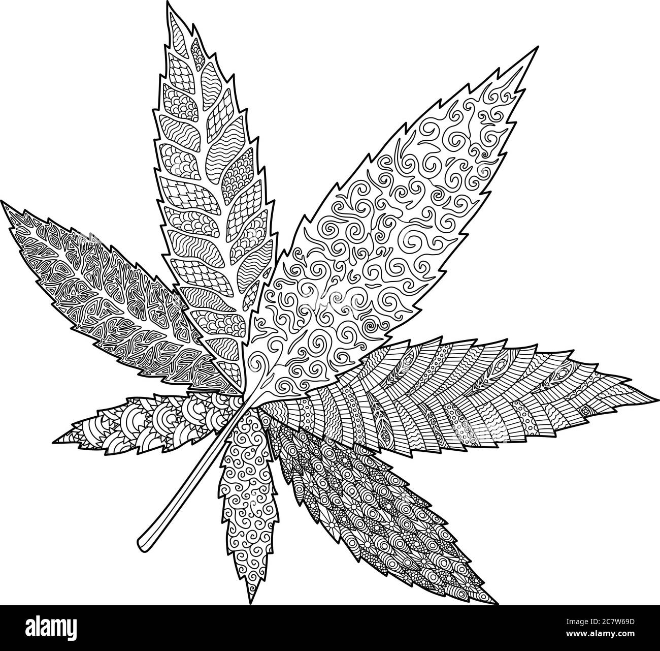 Pãgina de libro de color para adultos con hoja decorativa de cannabis sobre fondo blanco imagen vector de stock