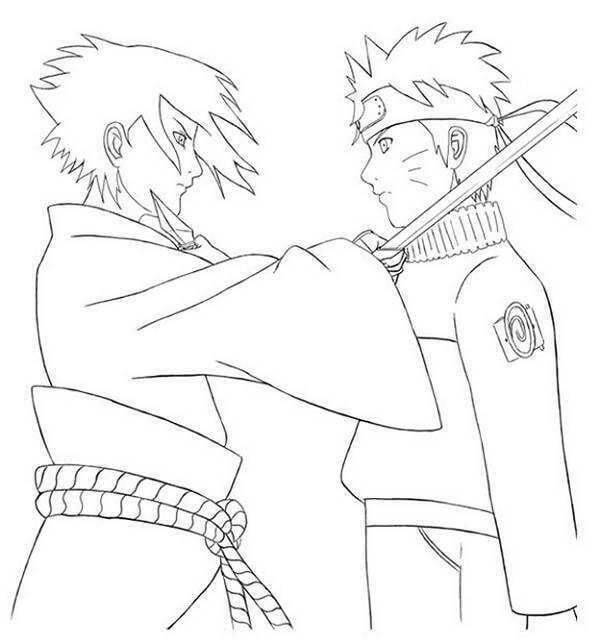 Sasuke putting sword on narutos neck coloring page