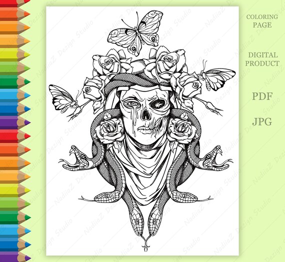 Pãgina para colorear de terror de ilustraciãn con calavera serpientes mariposas y rosas imprimible pãgina para colorear para adultos descarga digital