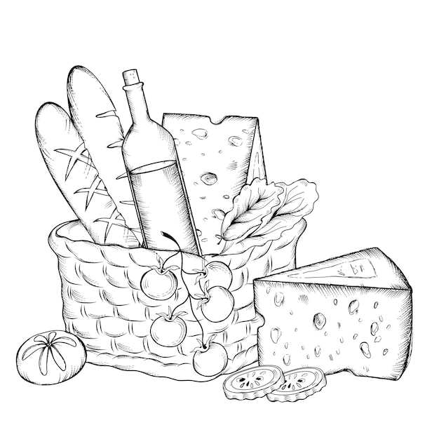 Cta de picnic dibujada a mano con pan de vino y quo grabado tilo grabado ilustraciãn vectorial aislado en blanco botella de vino frutas y quo en cta de voowen vector