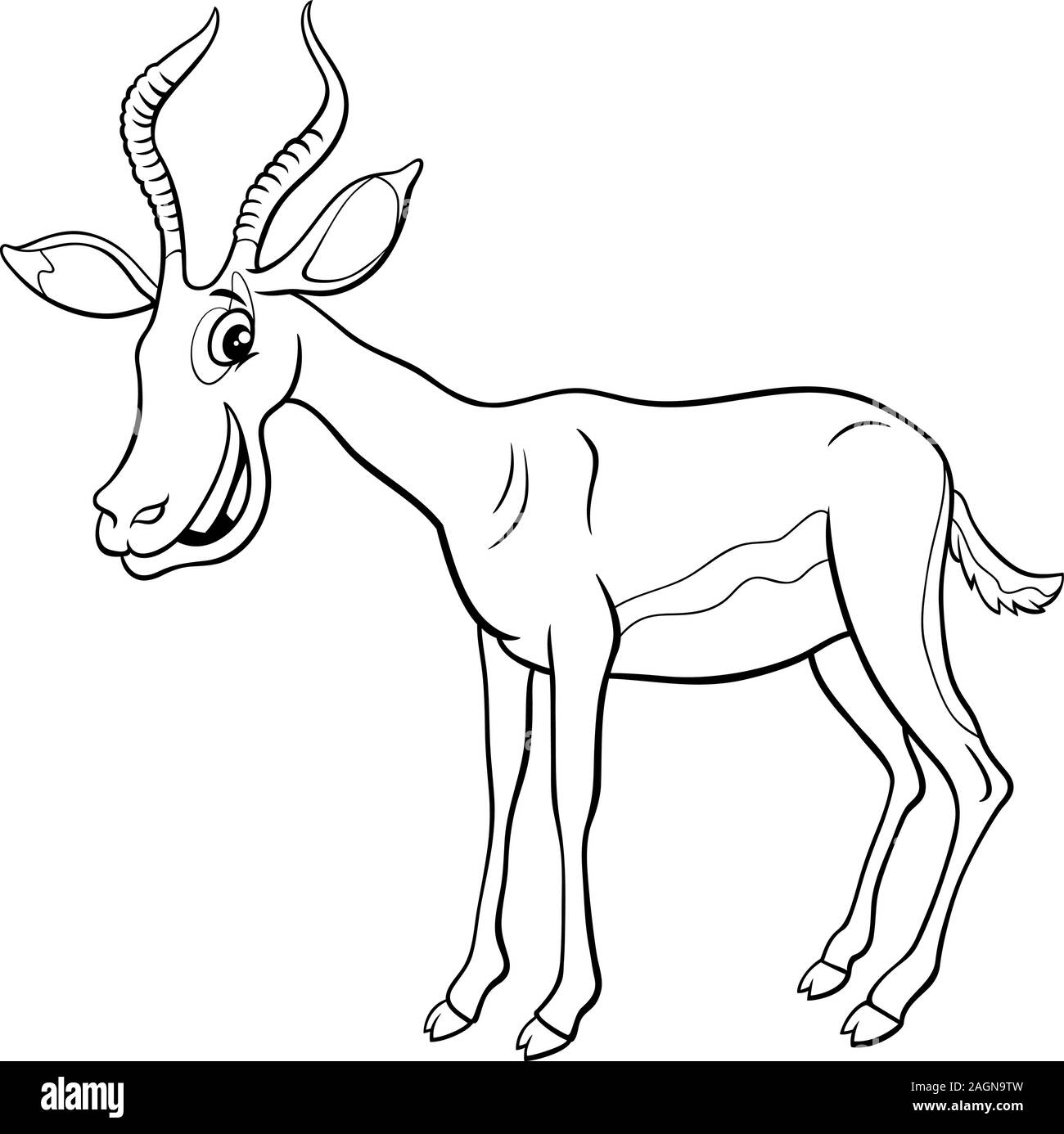 Black and white cartoon illustration of funny african impala wild animal ic character coloring book page stock vector image art