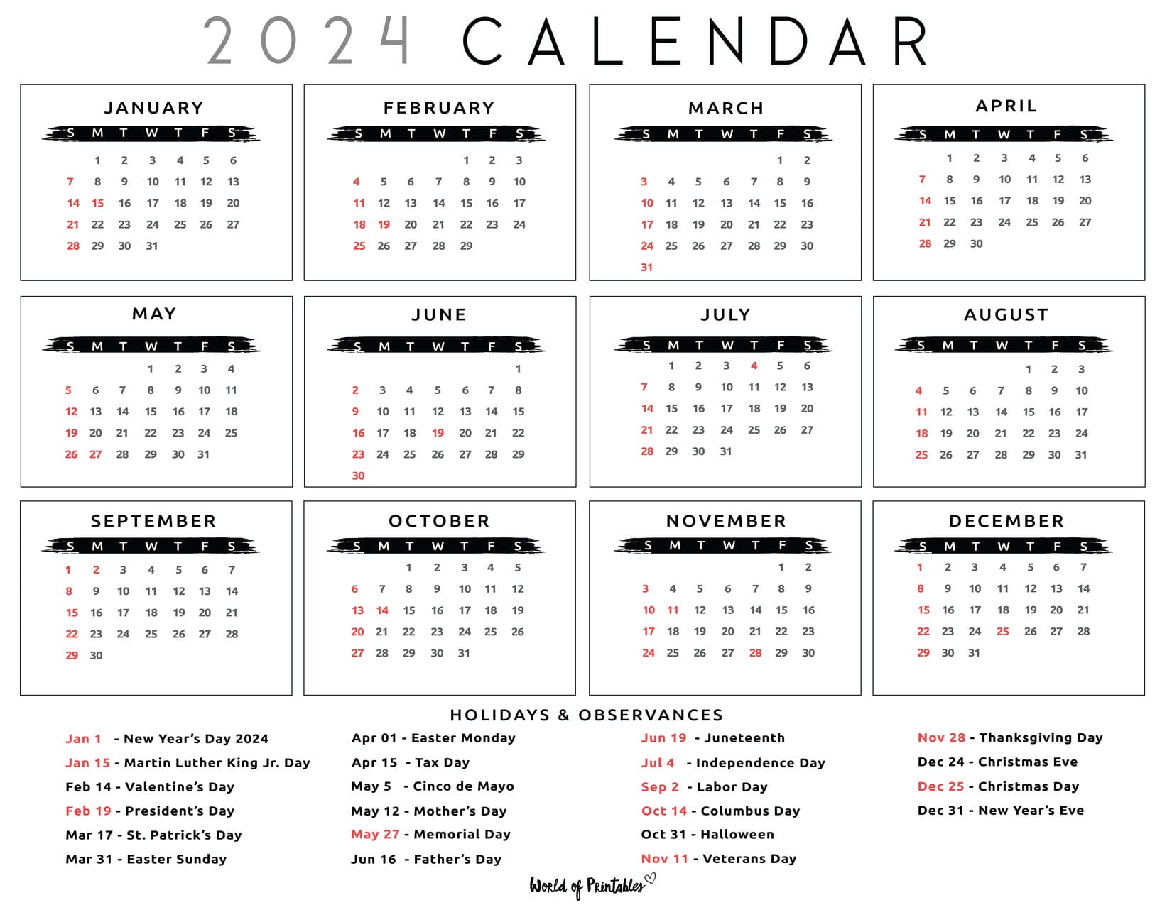 Calendar with holidays