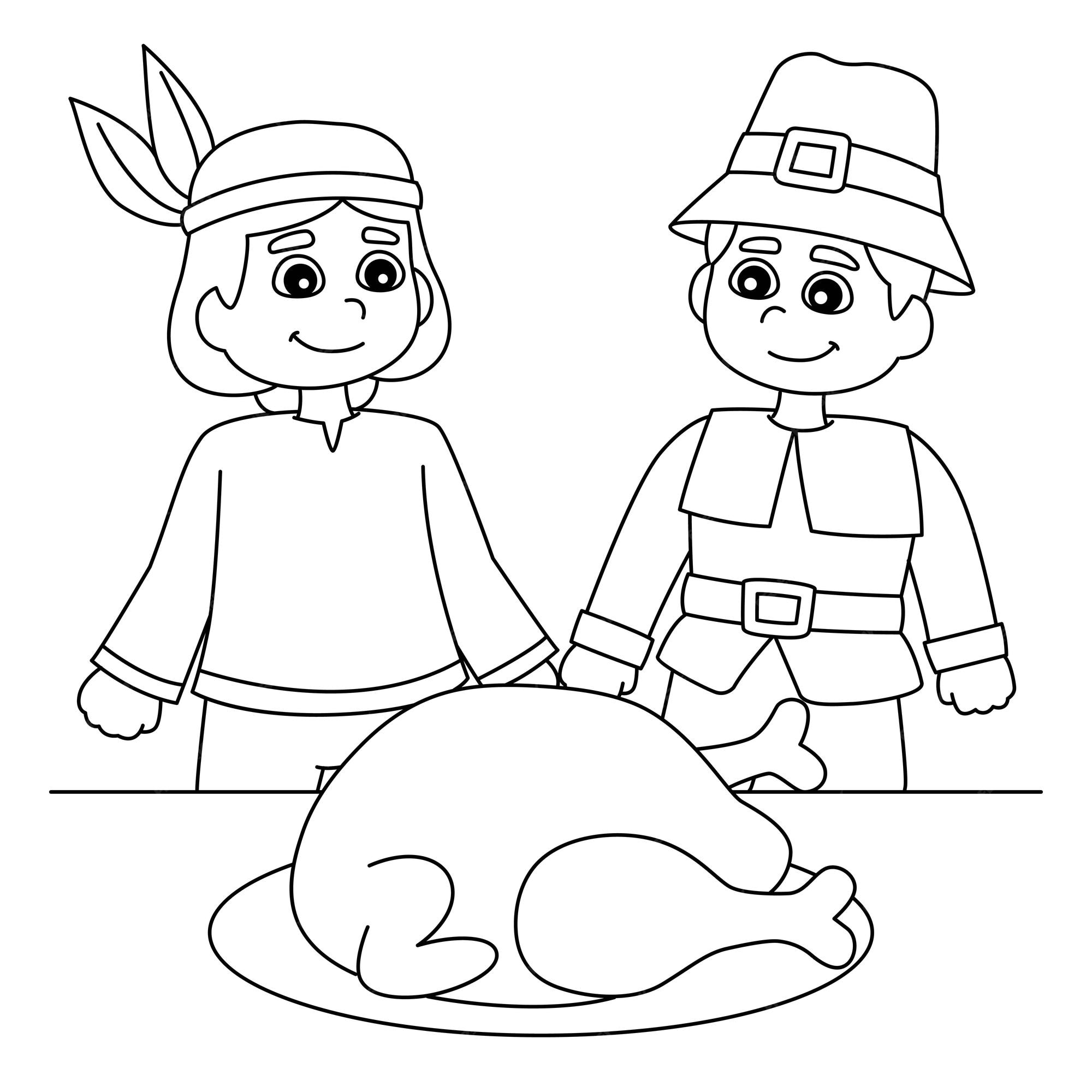 Premium vector thanksgiving pilgrim native american boy coloring