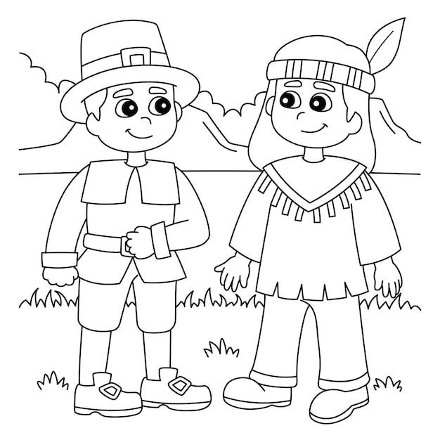 Premium vector thanksgiving pilgrim native american boy coloring