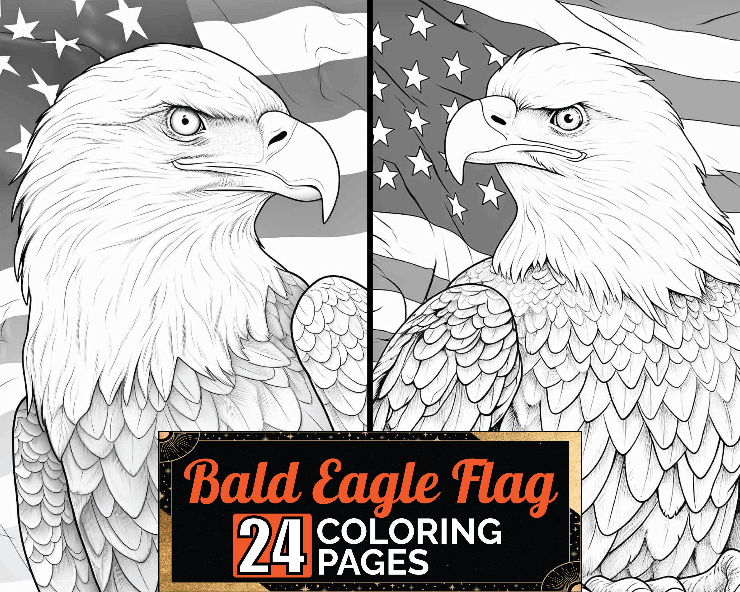 Bald american eagle flag coloring book detail greyscale adult kids animal colouring pages a size sheet printable digital pdf download