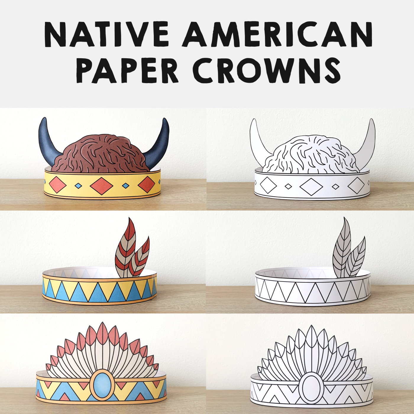 Native american headbands feathers paper crowns printable coloring craft made by teachers