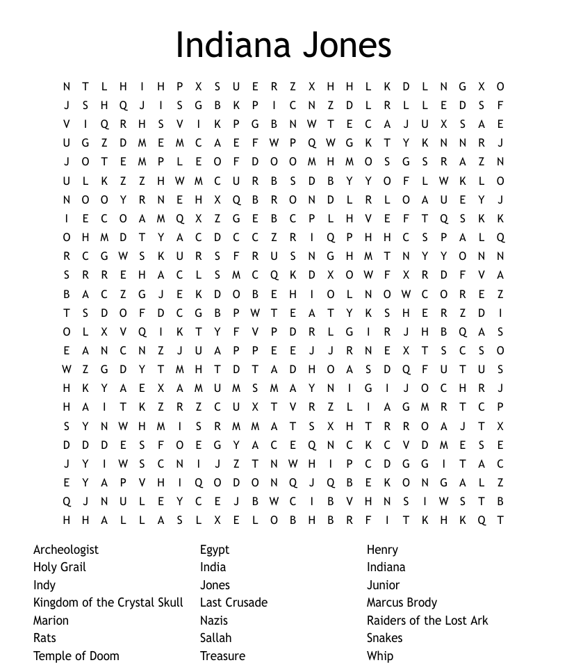 Indiana jones word search