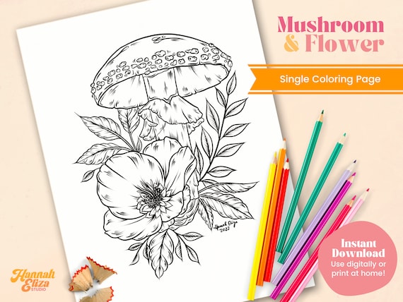 Mushroom printable coloring page single adult coloring page books for adults bohemian color page instant download indie coloring page