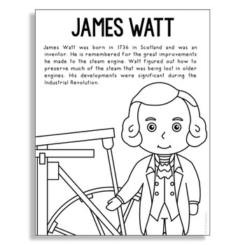 James watt inventor coloring page poster craft stem worksheet activity