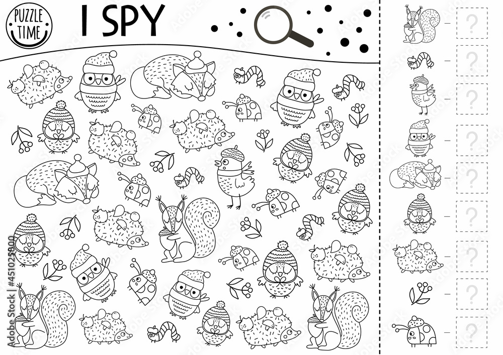 Autumn black and white forest i spy game for kids fall searching and counting line activity for preschool children with woodland animals birds insects funny printable worksheet or coloring page