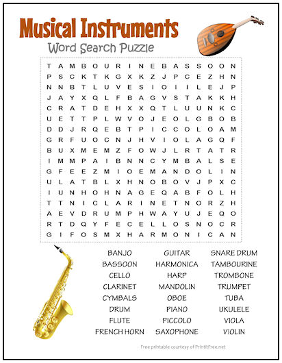 Musical instruments word search puzzle print it free