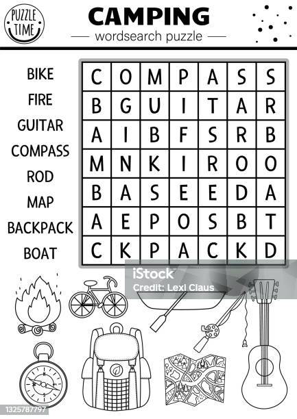 Vector black and white camping wordsearch puzzle simple forest summer camp outline crossword or coloring page