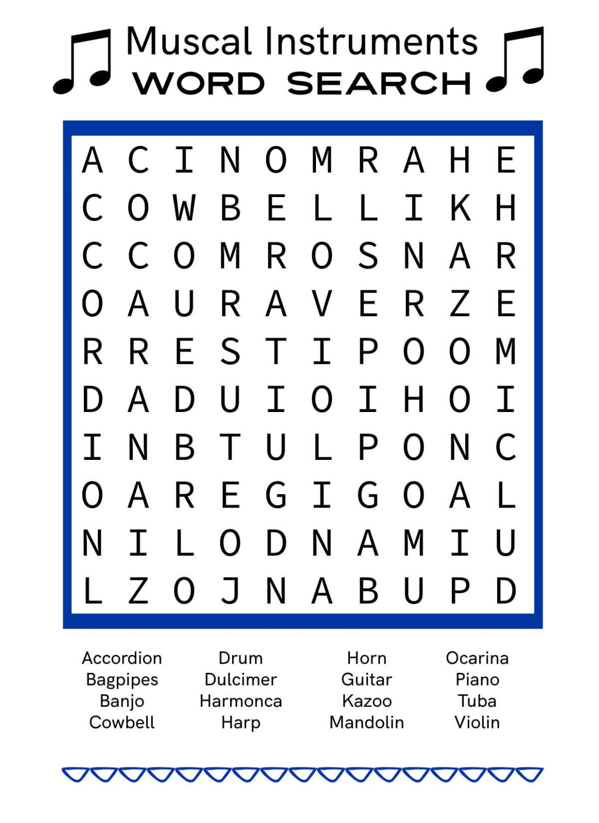 Free printable musical instruments word search