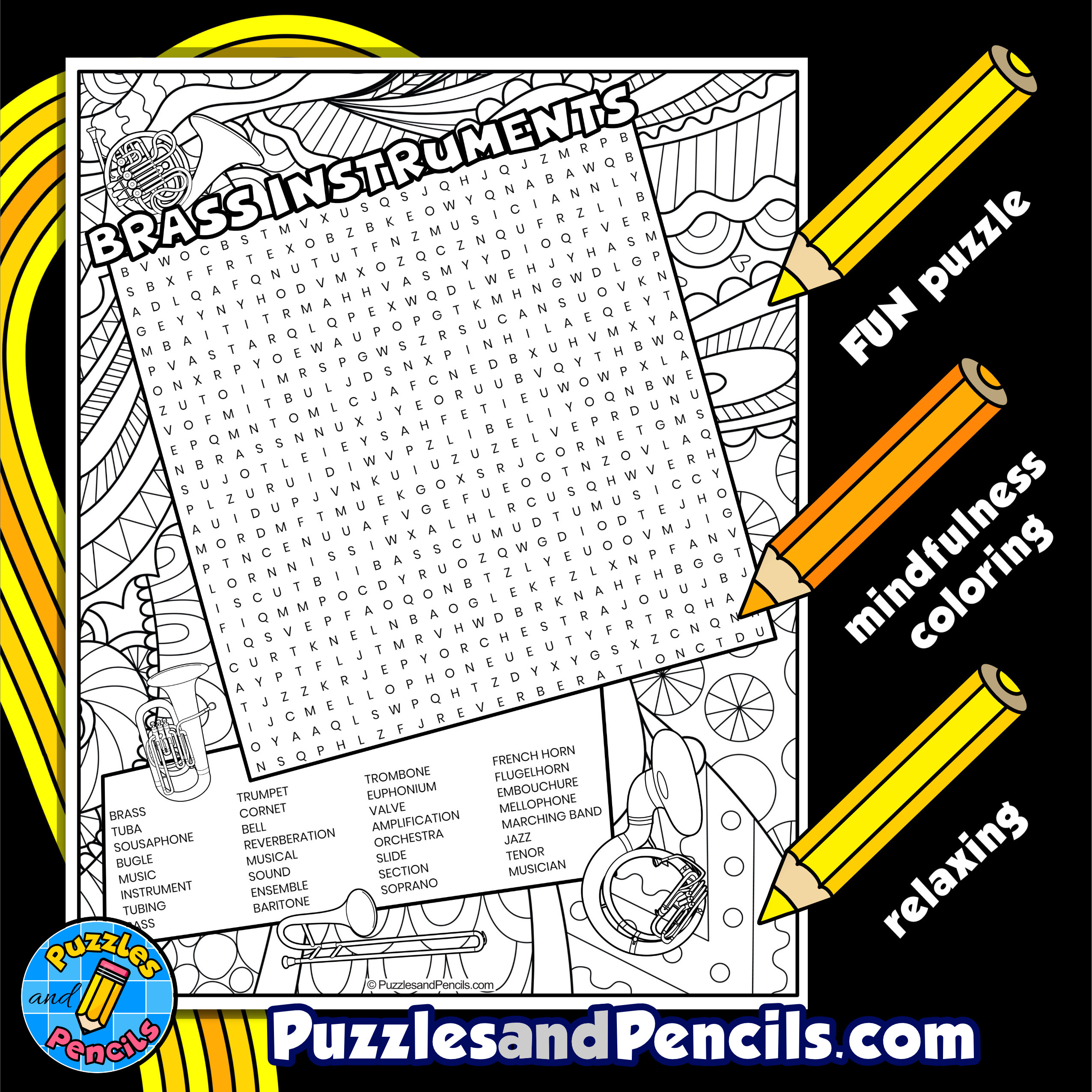 Brass instruments word search puzzle activity page with coloring music wordsearch made by teachers