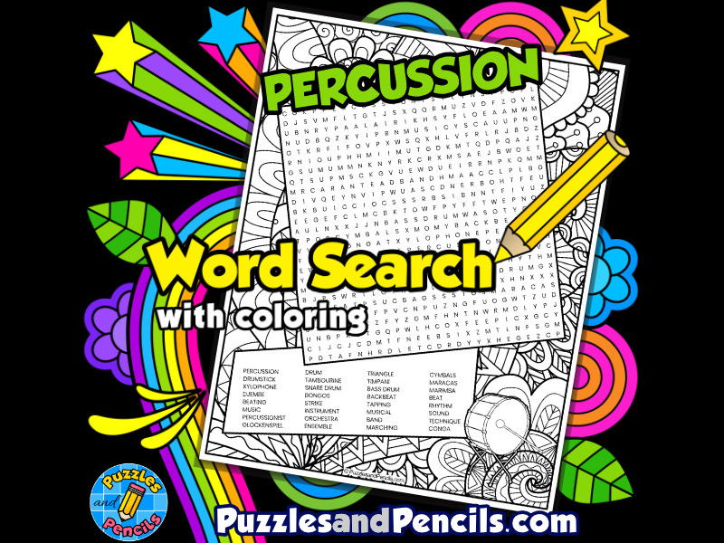 Percussion word search puzzle with colouring music wordsearch teaching resources