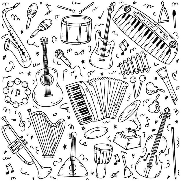 Instrumentos musical de fideos dibujados a mano ilustraciãn de dibujo vectorial conjunto colecciãn de arte de contorno negro para diseão web icono imprimir pãgina para colorear vector premium