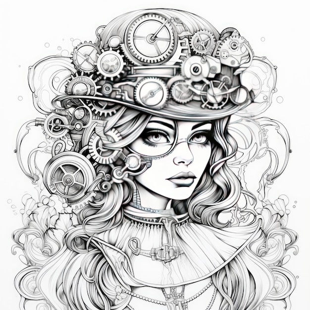 Premium ai image exploring the enchanting world of steampunk intricate adult coloring pages with striking black line