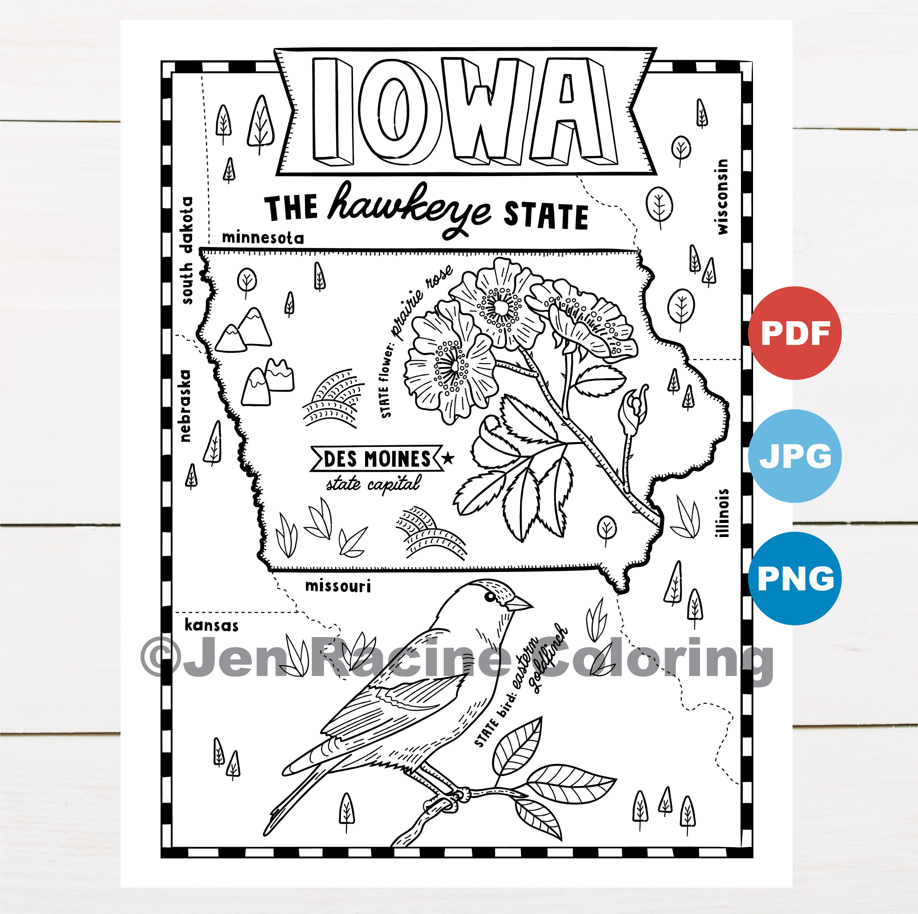 Iowa coloring page united states state map wildlife state symbols flowers coloring pages instant download