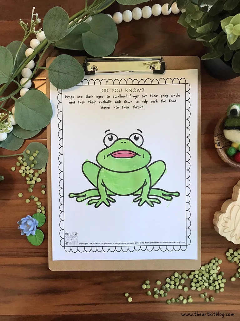 Frog coloring page with fun fact they use their eyes to swallow â free printable â the art kit